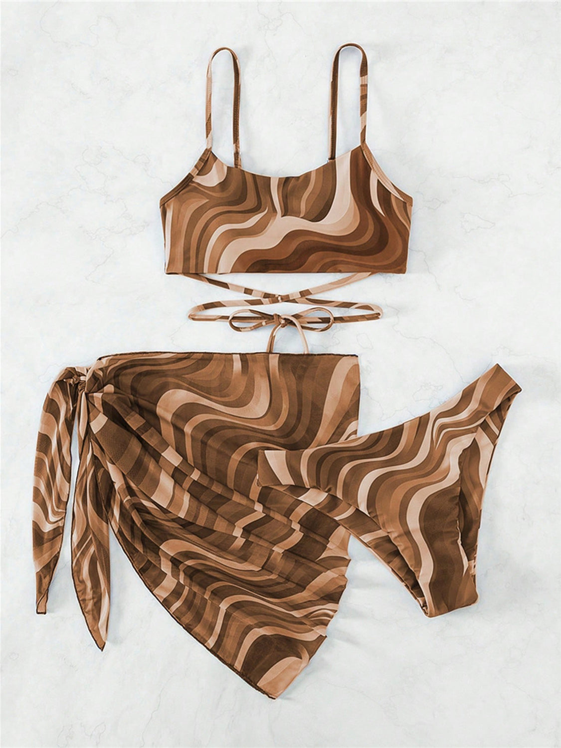 Tied Printed Three-Piece Swim Set featuring a stylish design with removable padding and moderate stretch fabric, perfect for summer wear.