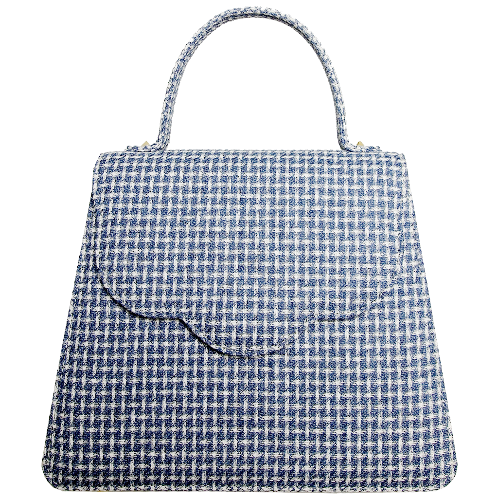 Top Handle Eco Wool Fabric Handbag in Blue with artisan leather handles and scallop flap, showcasing eco-friendly design and craftsmanship.