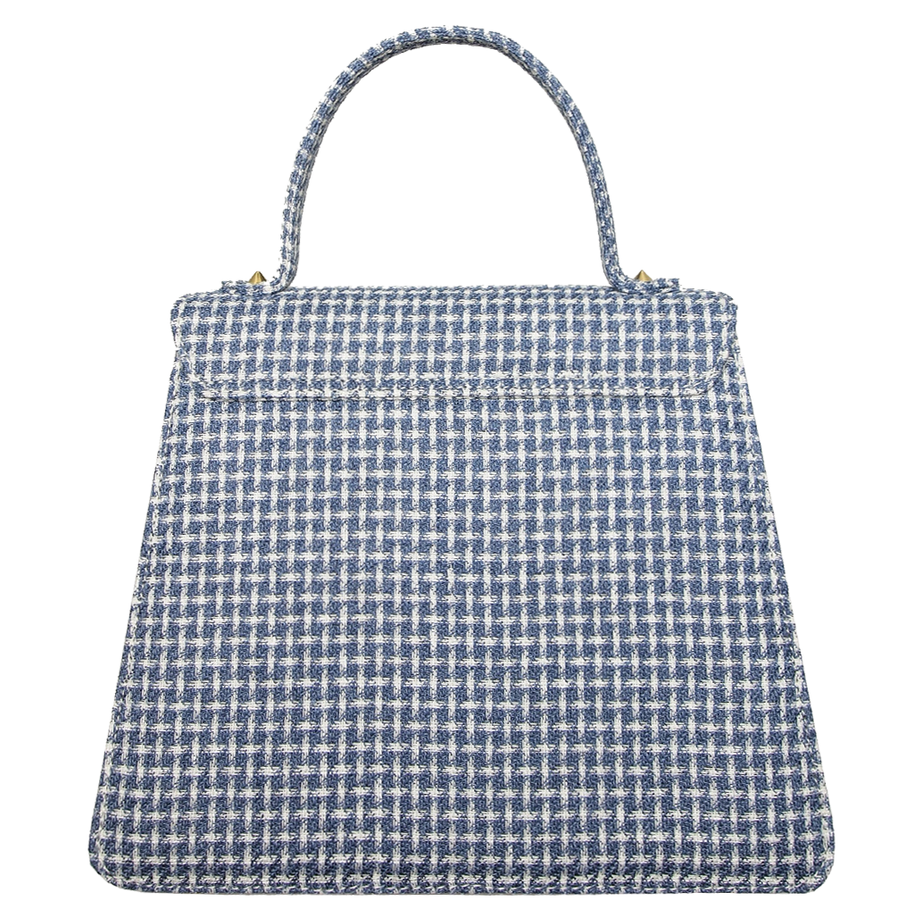 Top Handle Eco Wool Fabric Handbag in Blue with artisan leather handles and scallop flap, showcasing eco-friendly design and craftsmanship.