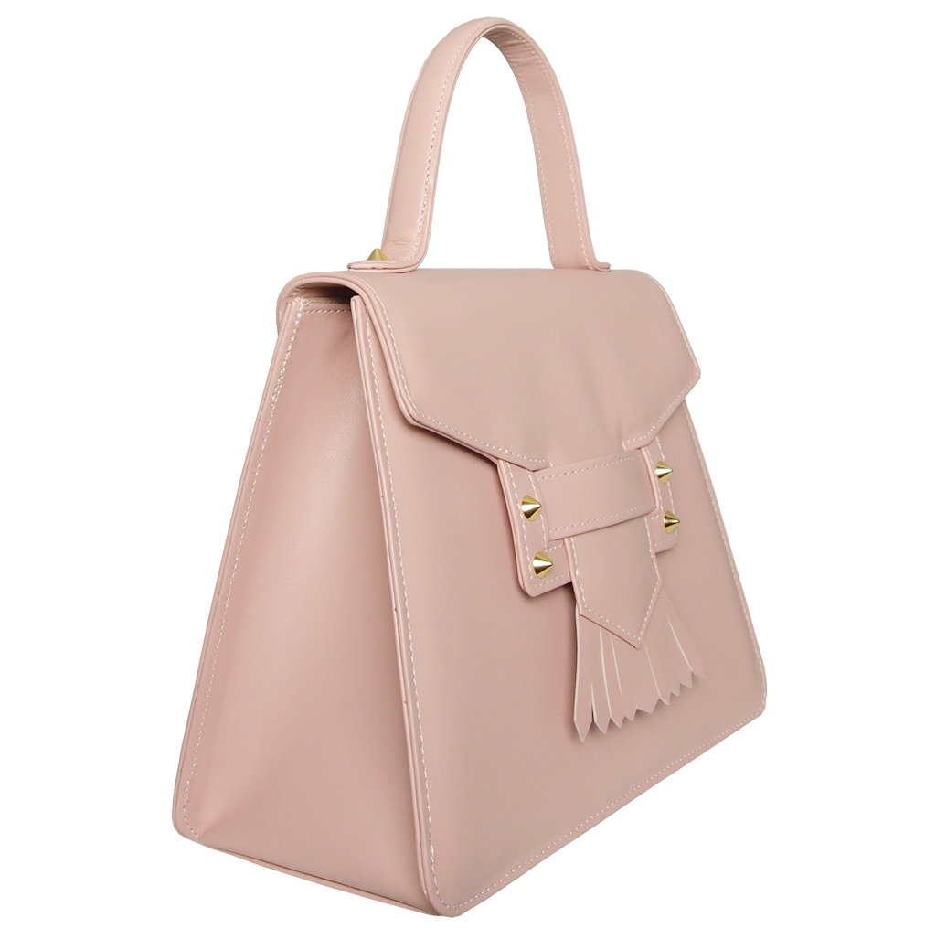 Top Handle Fringed Clasp Handbag in Pink, crafted from buffed calf leather with artisan hand-sewn handles, showcasing a chic and elegant design.