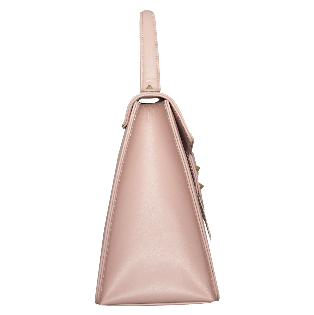 Top Handle Fringed Clasp Handbag in Pink, crafted from buffed calf leather with artisan hand-sewn handles, showcasing a chic and elegant design.