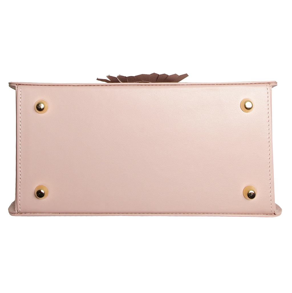 Top Handle Fringed Clasp Handbag in Pink, crafted from buffed calf leather with artisan hand-sewn handles, showcasing a chic and elegant design.