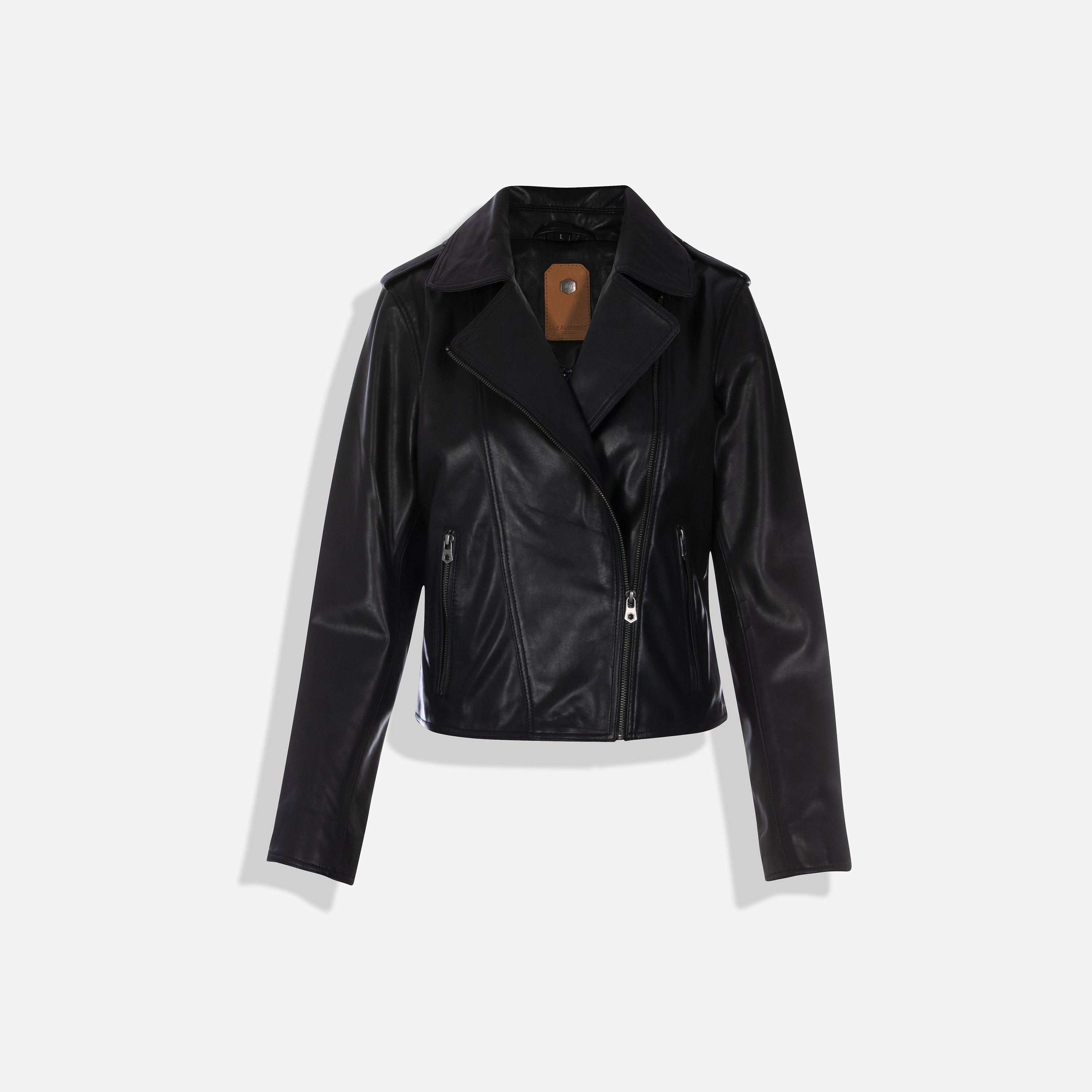 Tracey Biker Jacket in Black featuring a sharp silhouette, diagonal zip, and pronounced collar, perfect for stylish outfits.