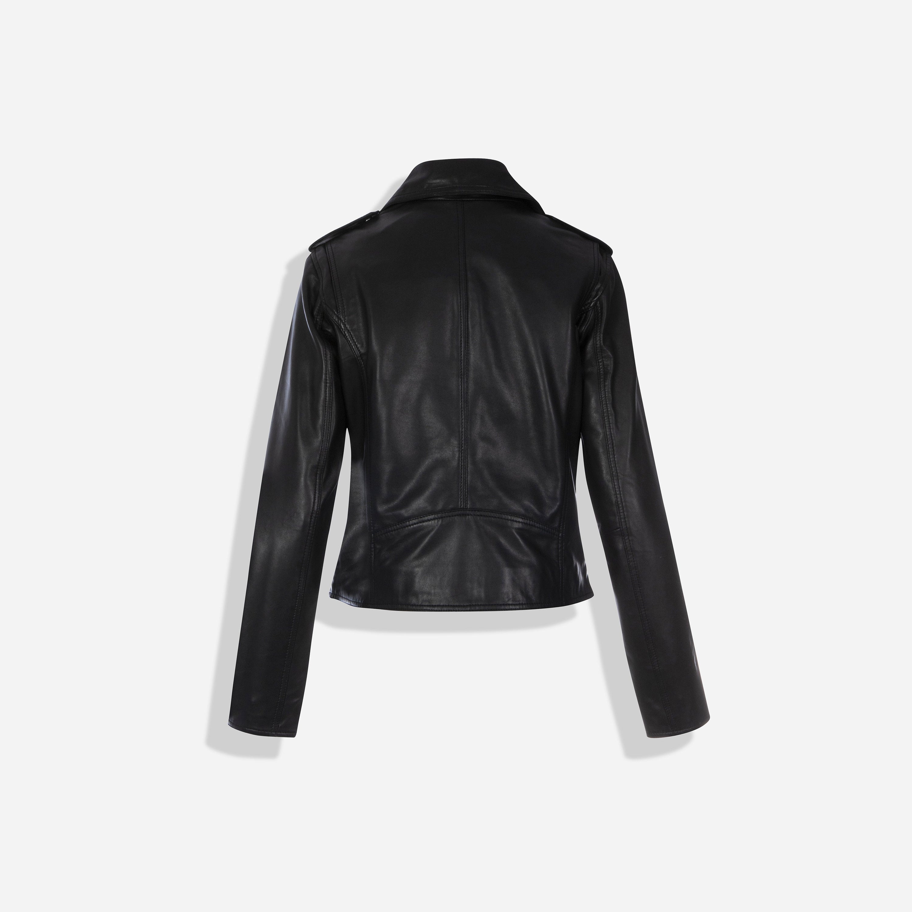 Tracey Biker Jacket in Black featuring a sharp silhouette, diagonal zip, and pronounced collar, perfect for stylish outfits.