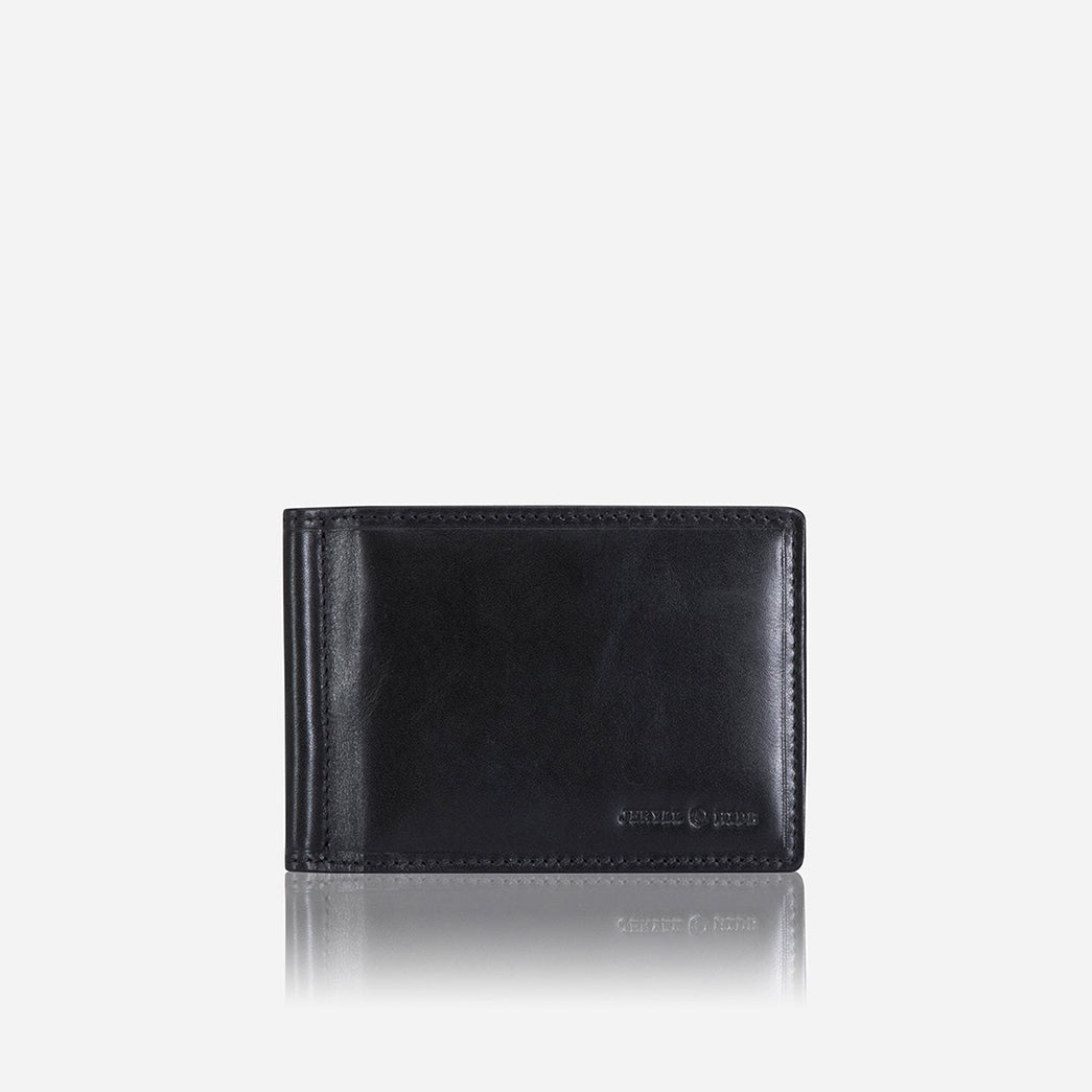 Traditional Oxford Leather Money Clip Wallet in black, showcasing its sleek design and metal money strap.