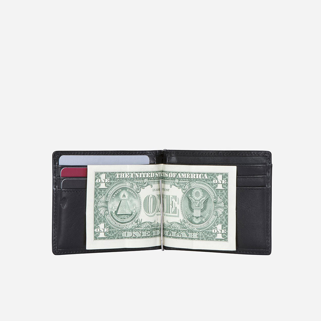 Traditional Oxford Leather Money Clip Wallet in black, showcasing its sleek design and metal money strap.