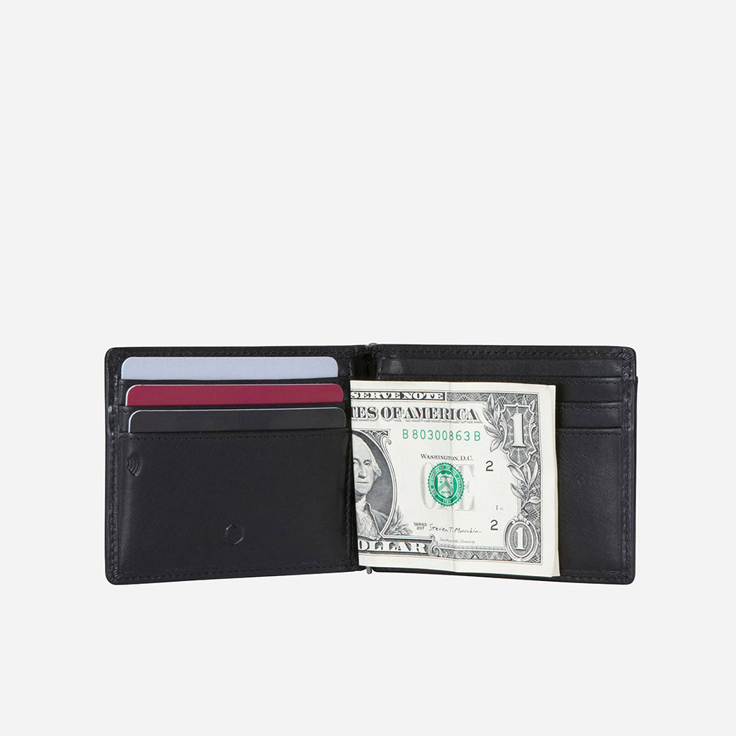 Traditional Oxford Leather Money Clip Wallet in black, showcasing its sleek design and metal money strap.