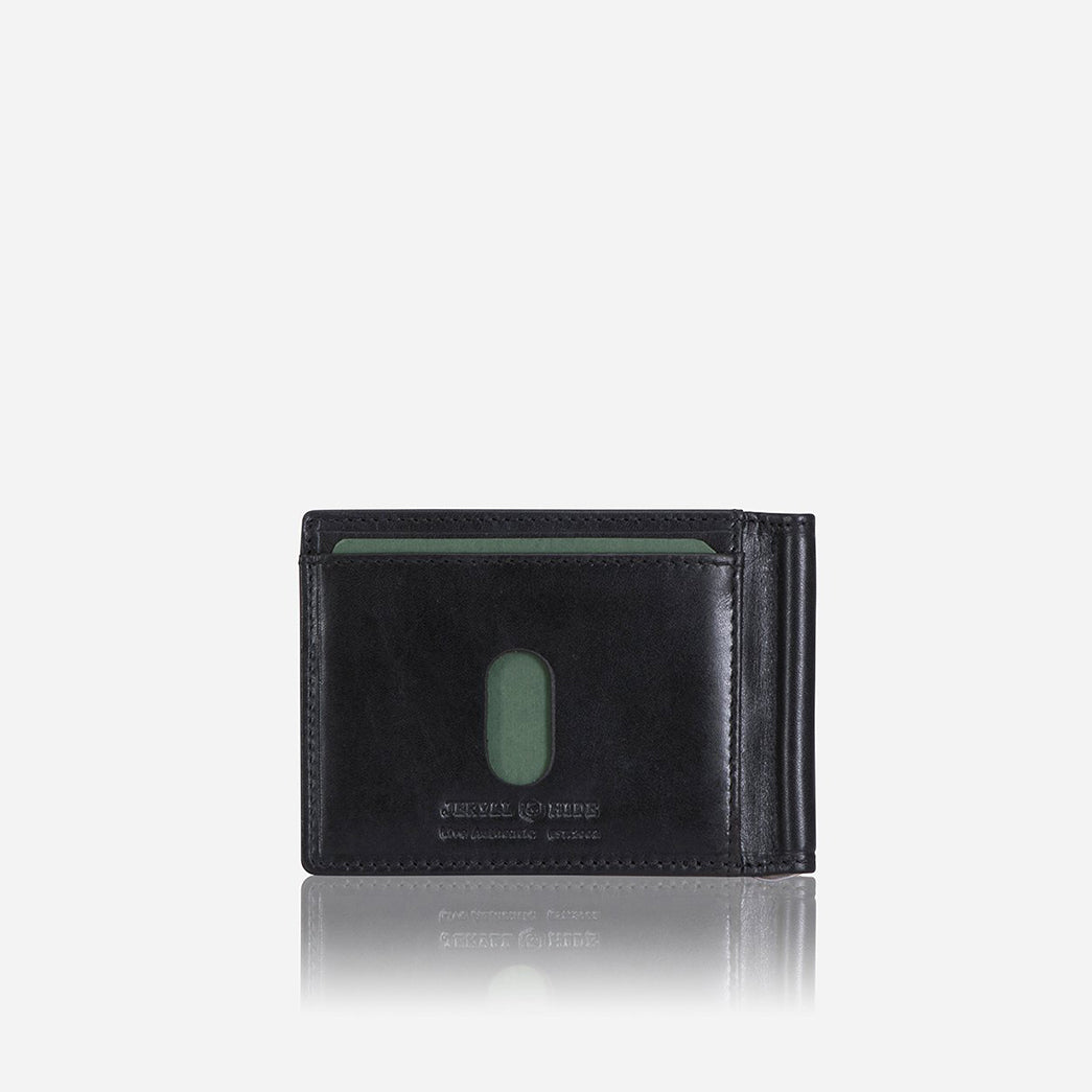 Traditional Oxford Leather Money Clip Wallet in black, showcasing its sleek design and metal money strap.