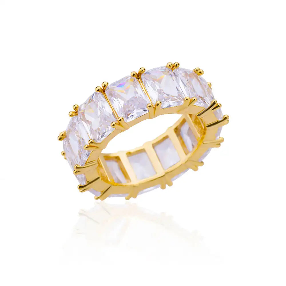 Trendy Crystal Gold Plated Ring featuring geometric design and crystal accents, crafted from stainless steel.