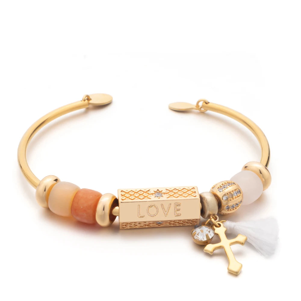 Trendy Engraved Love Charm Bracelet made of zinc alloy with a beaded design, featuring an engraved 'LOVE' charm.