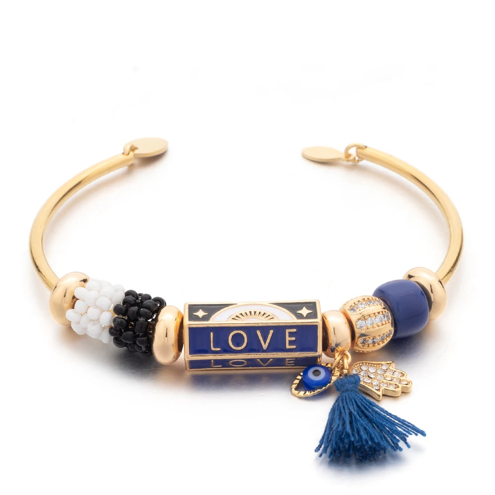 Trendy Engraved Love Charm Bracelet made of zinc alloy with a beaded design, featuring an engraved 'LOVE' charm.