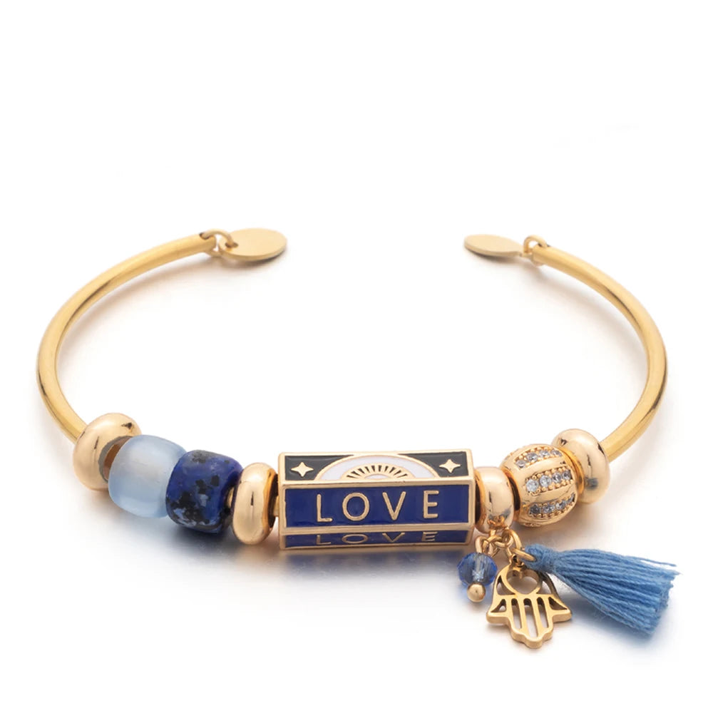 Trendy Engraved Love Charm Bracelet made of zinc alloy with a beaded design, featuring an engraved 'LOVE' charm.