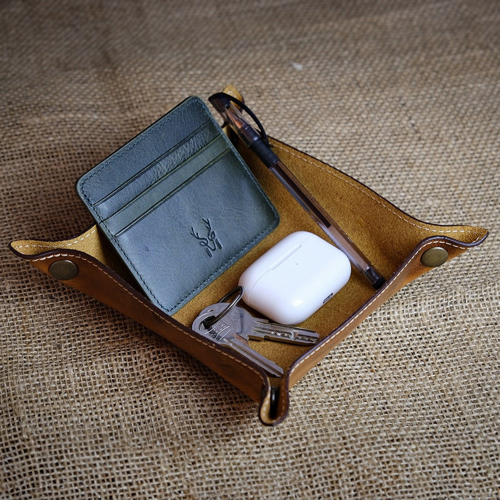 Trevi Genuine Leather Catchall Tray in elegant design, showcasing its premium cowhide leather and organized storage space.