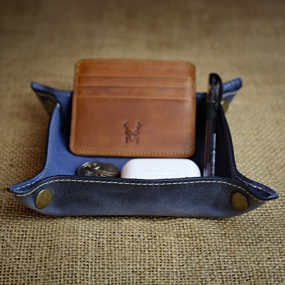 Trevi Genuine Leather Catchall Tray in elegant design, showcasing its premium cowhide leather and organized storage space.