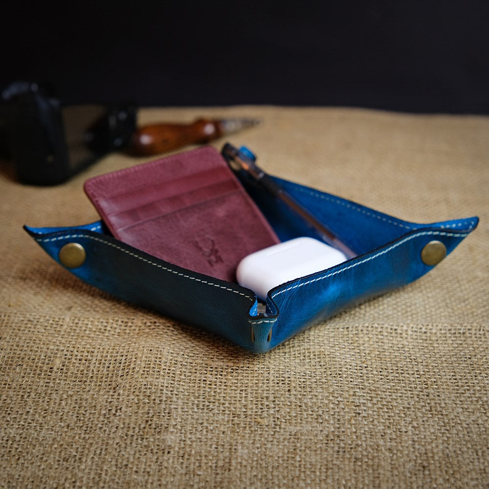 Trevi Genuine Leather Catchall Tray in elegant design, showcasing its premium cowhide leather and organized storage space.