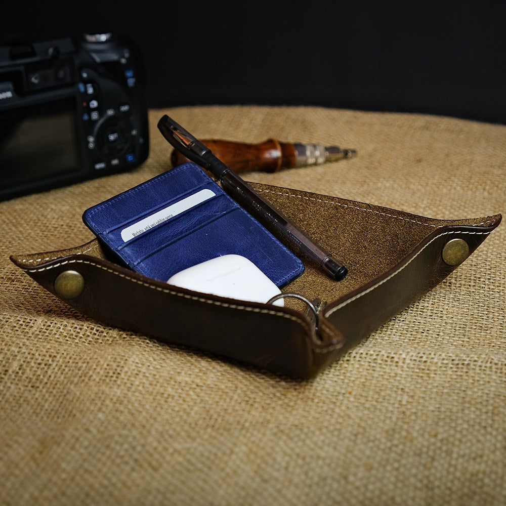 Trevi Genuine Leather Catchall Tray in elegant design, showcasing its premium cowhide leather and organized storage space.