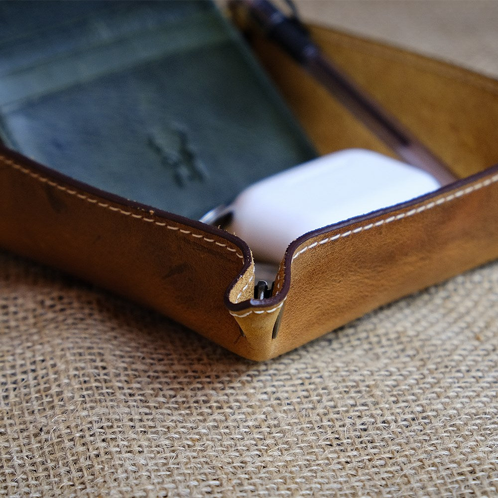 Trevi Genuine Leather Catchall Tray in elegant design, showcasing its premium cowhide leather and organized storage space.