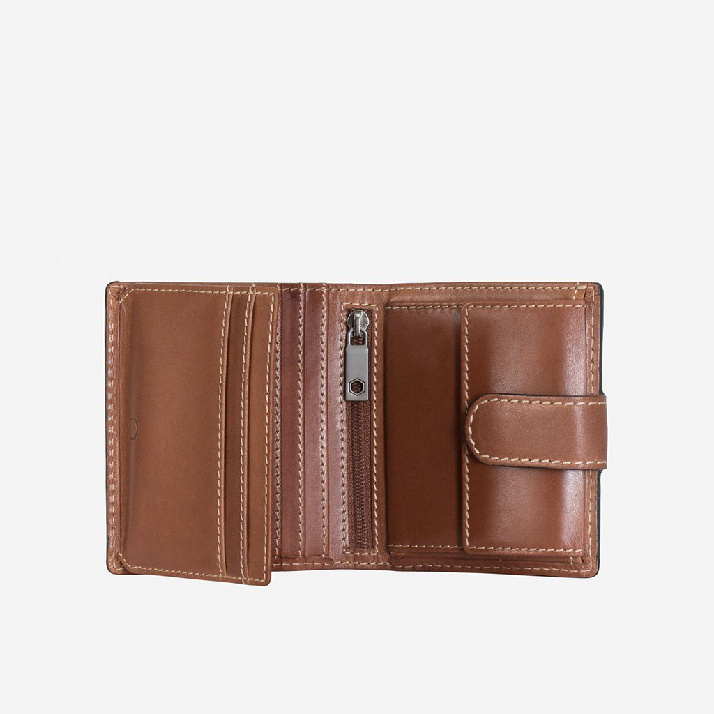 Tri Fold Wallet in Clay color with zipped coin pouch, showcasing its compact design and stylish appearance.