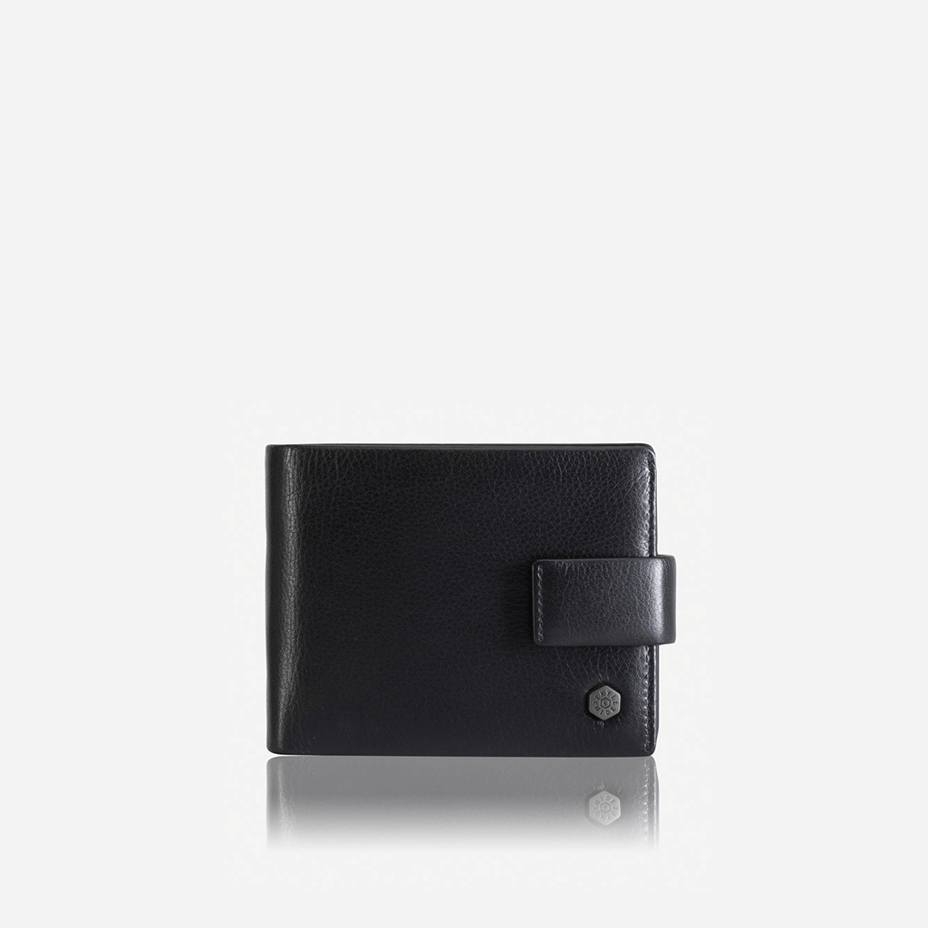 Trifold Leather Wallet in Black, showcasing its elegant design and multiple compartments.