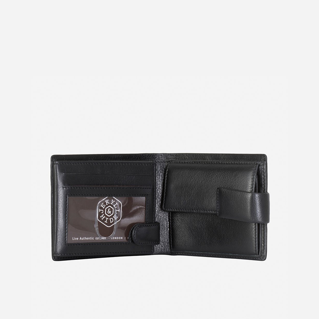 Trifold Leather Wallet in Black, showcasing its elegant design and multiple compartments.