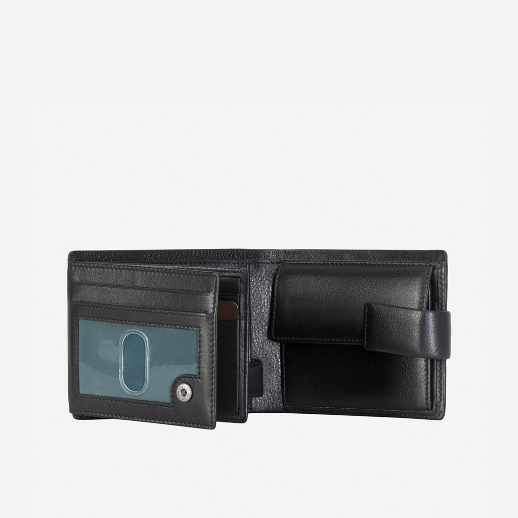 Trifold Leather Wallet in Black, showcasing its elegant design and multiple compartments.