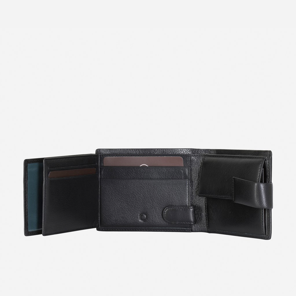 Trifold Leather Wallet in Black, showcasing its elegant design and multiple compartments.