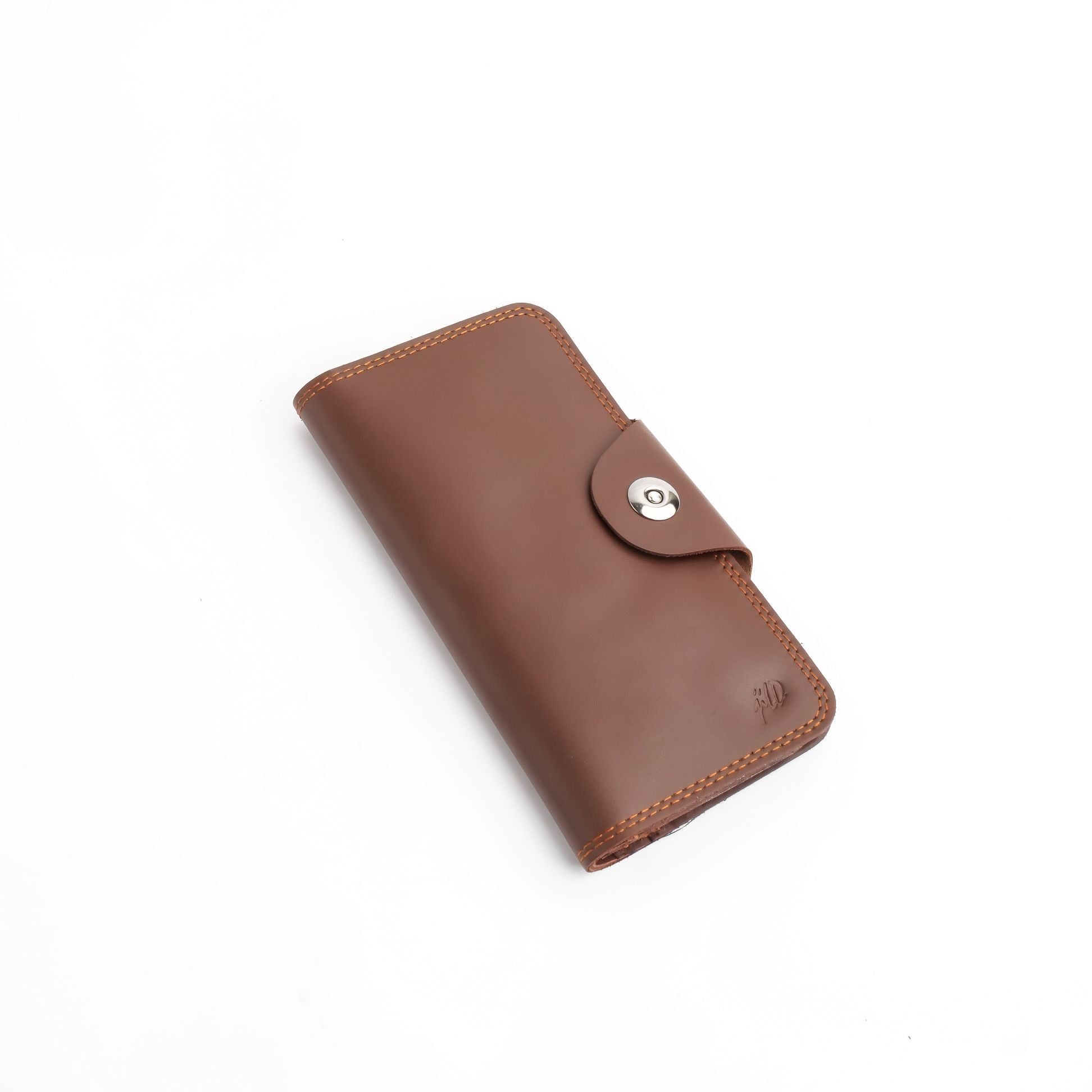 Tri-Fold Pure Leather Long Wallet in brown with button closure, showcasing multiple card slots and compartments.