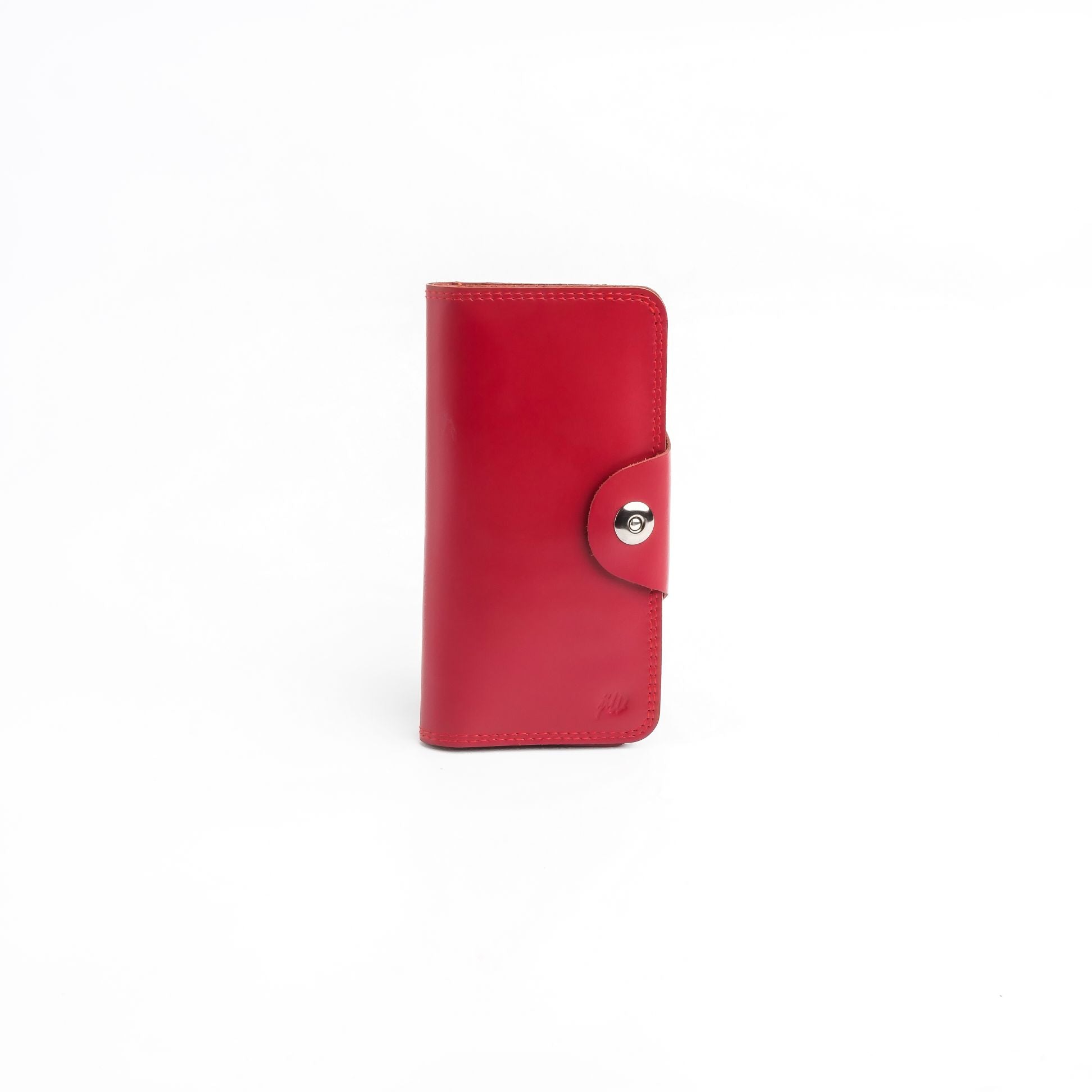 Tri-Fold Pure Leather Long Wallet in red with button closure, showcasing multiple compartments and card slots.