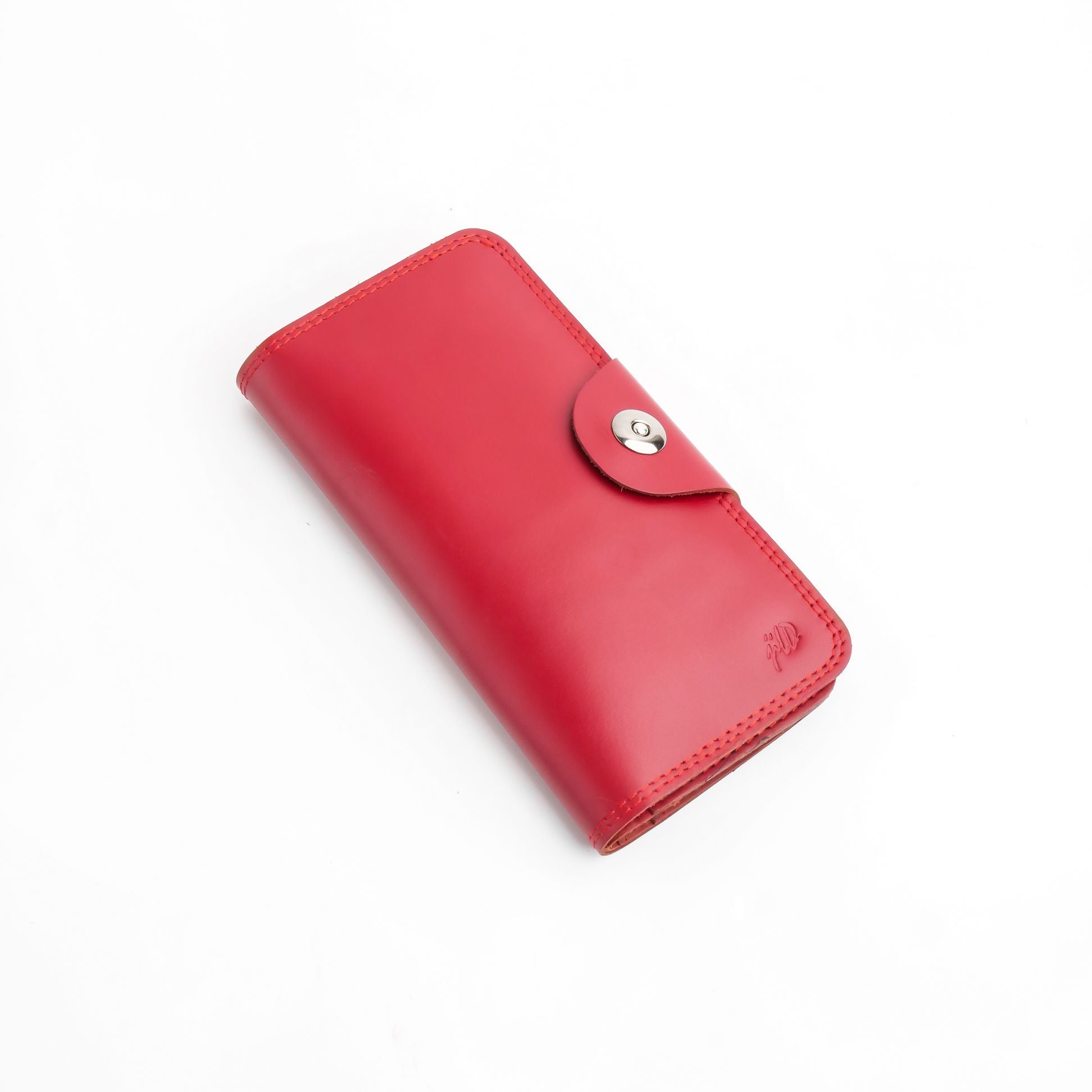 Tri-Fold Pure Leather Long Wallet in red with button closure, showcasing multiple compartments and card slots.