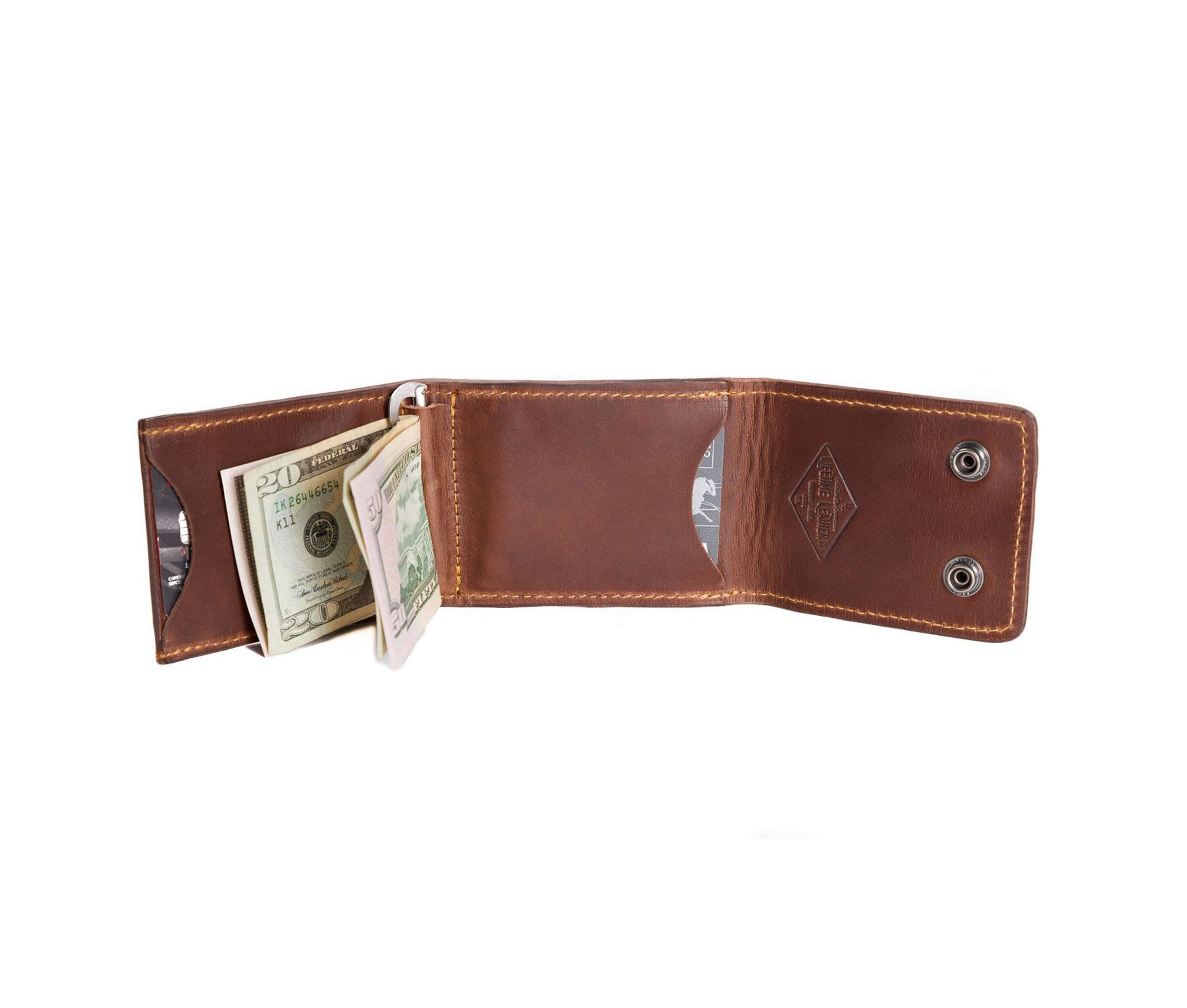 A stylish Trifold Wallet made of authentic full grain leather, featuring a center money clip and personalized initials.