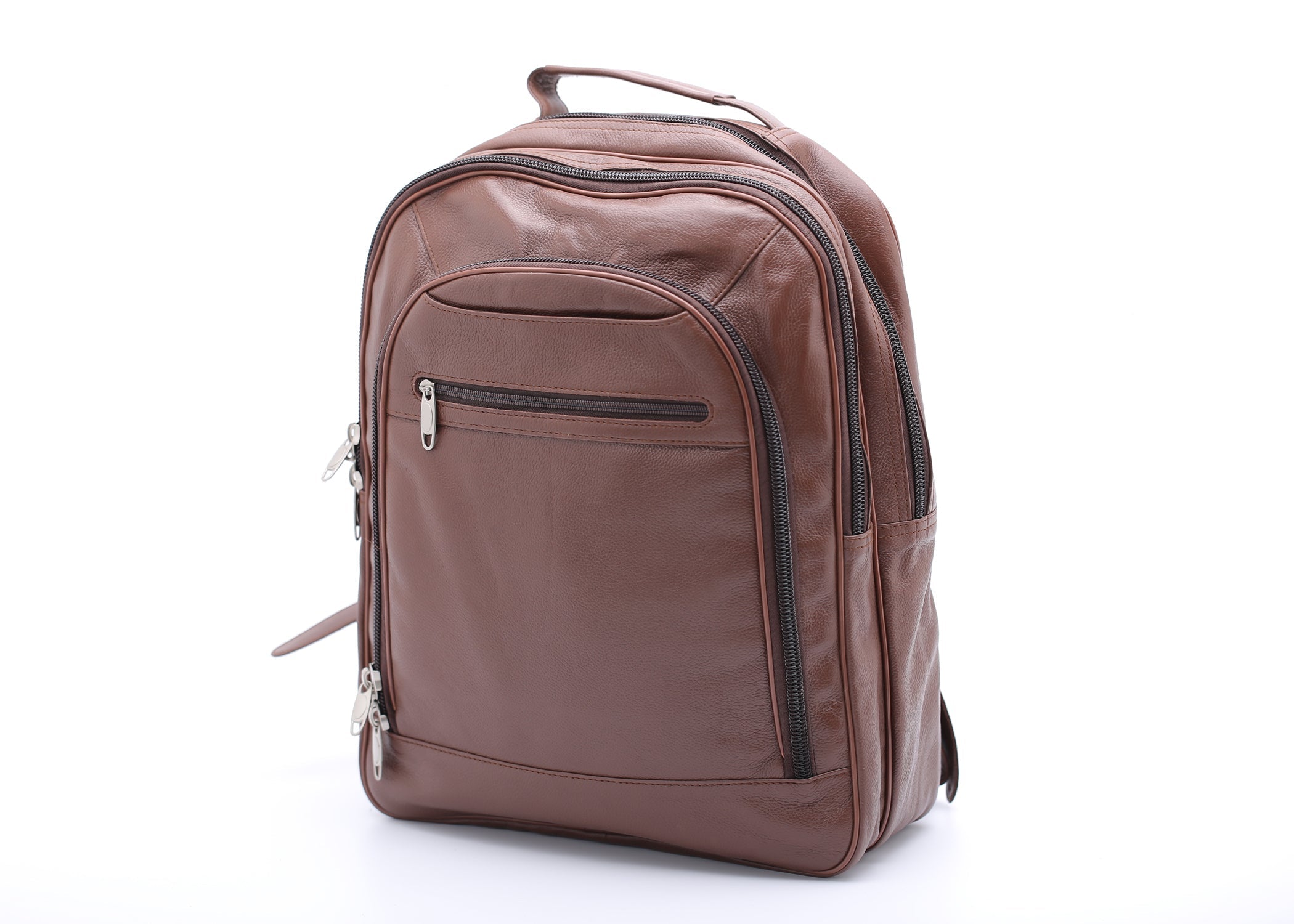 Trio Leather Backpack in TAN color, showcasing premium cowhide leather, three zip compartments, and adjustable padded shoulder straps.