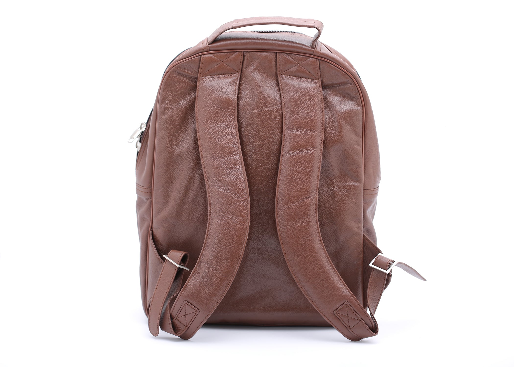 Trio Leather Backpack in TAN color, showcasing premium cowhide leather, three zip compartments, and adjustable padded shoulder straps.