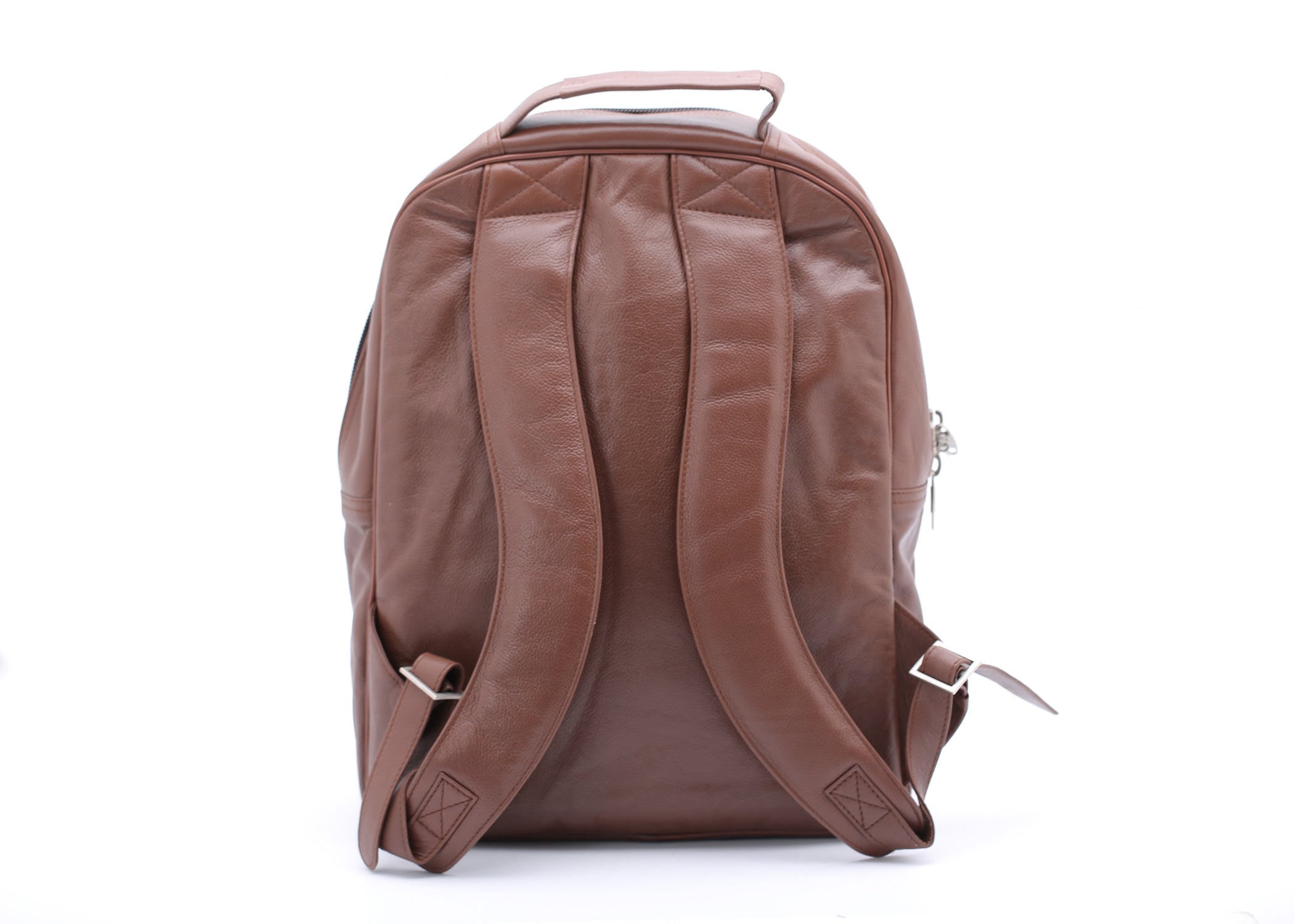 Trio Leather Backpack in TAN color, showcasing premium cowhide leather, three zip compartments, and adjustable padded shoulder straps.