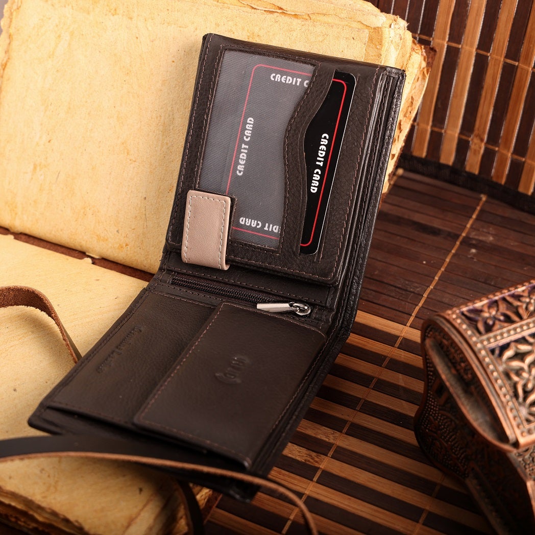 Twin Leather Men Wallet in black and brown, showcasing its elegant design and multiple compartments.