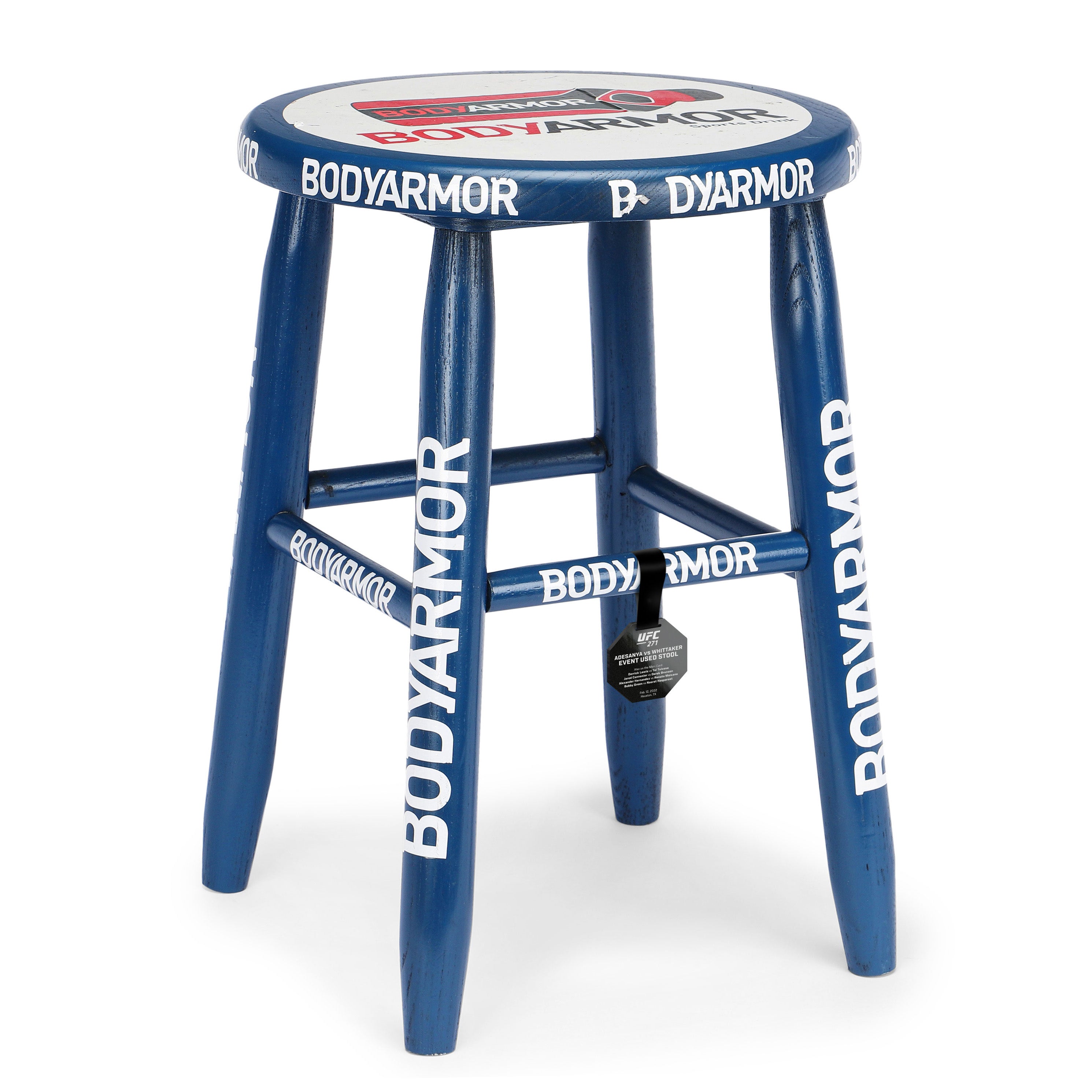 Blue cornerman stool used in UFC 271 event featuring wear from actual fights.