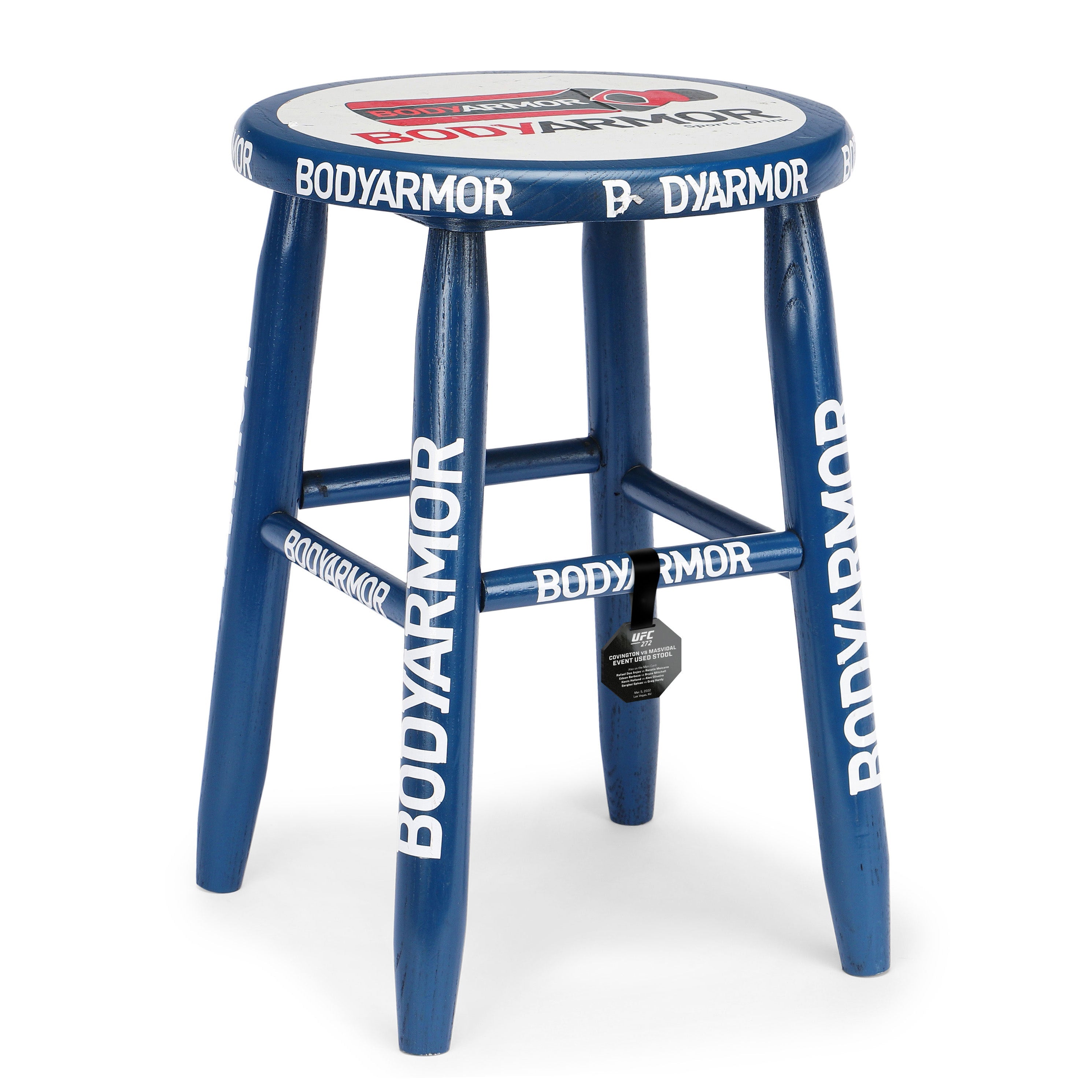 Blue corner stool used at UFC 272 event featuring Covington vs. Masvidal, showing signs of wear from actual fights.