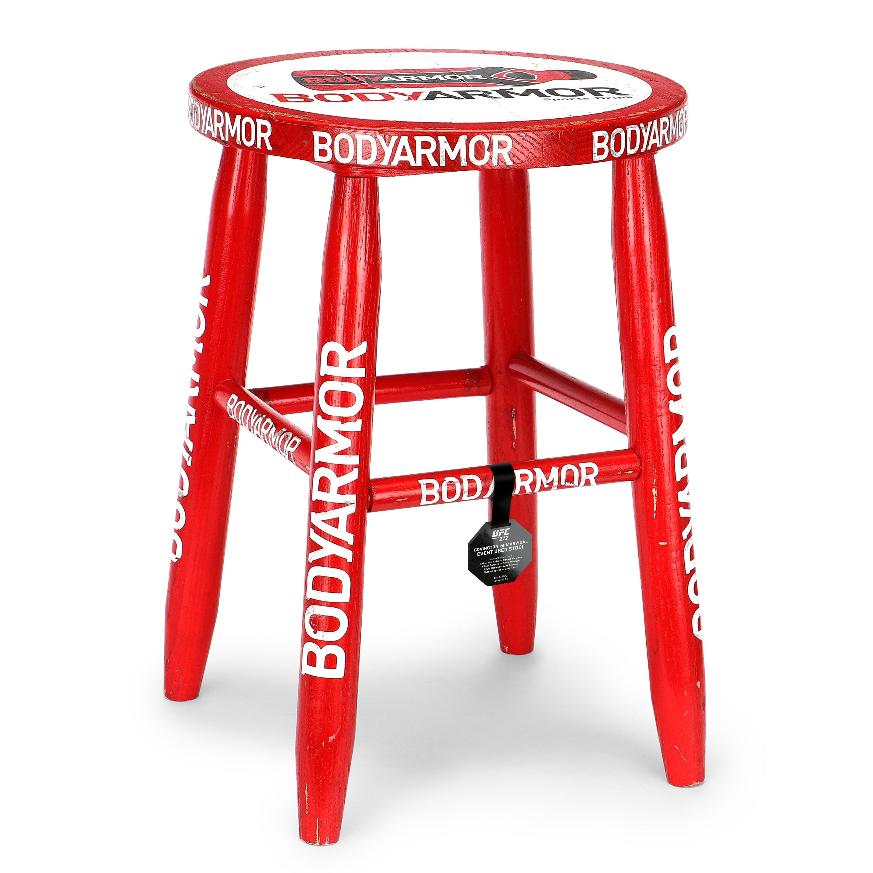 Red corner stool used at UFC 272 event featuring Covington vs. Masvidal, showing signs of wear and authenticity.