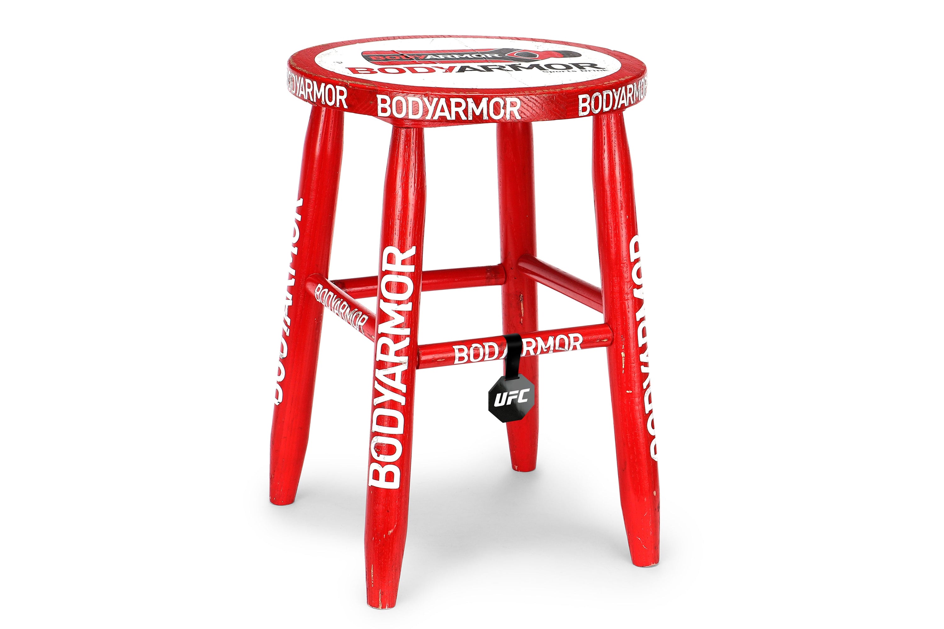 Red corner stool used at UFC 272 event featuring Covington vs. Masvidal, showing signs of wear and authenticity.