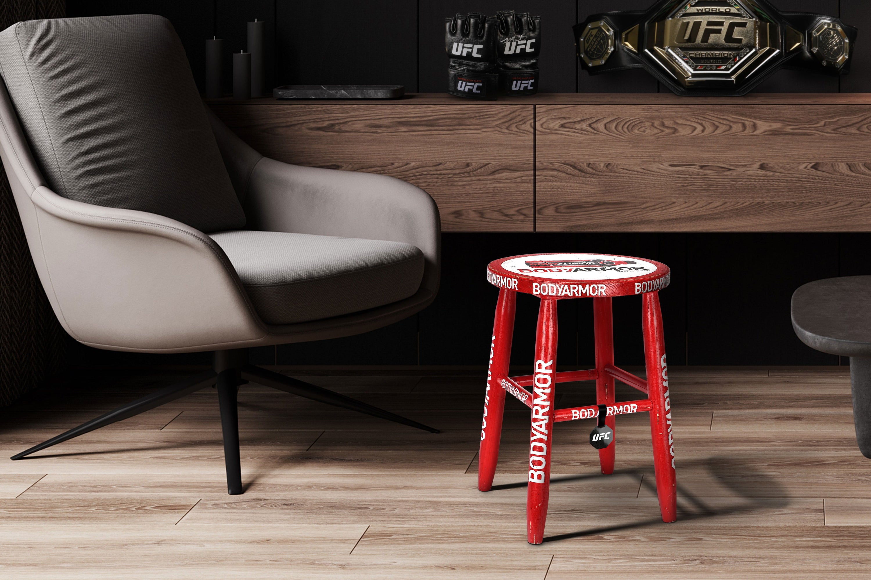 Red corner stool used at UFC 272 event featuring Covington vs. Masvidal, showing signs of wear and authenticity.