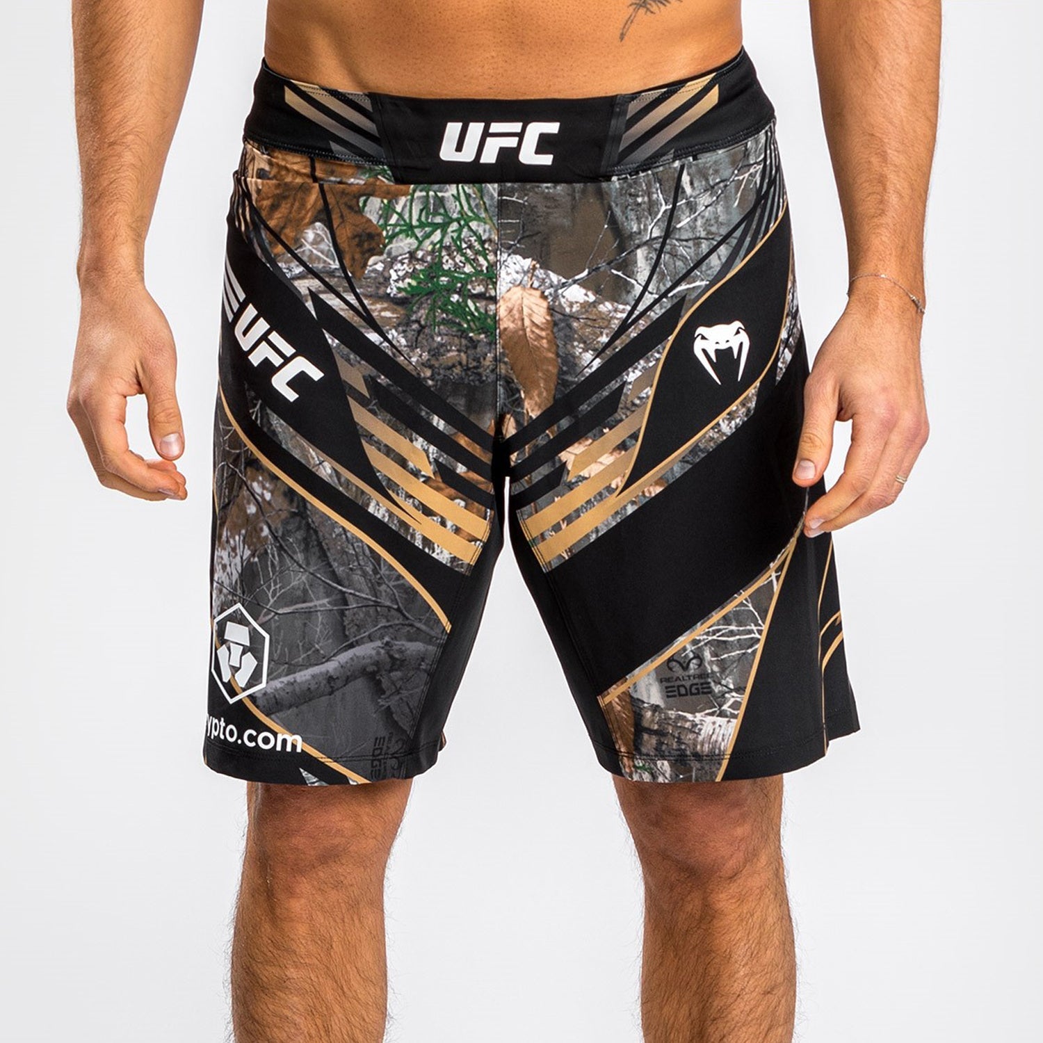 UFC Authentic Fight Night REALTREE Camouflage Fightshorts by VENUM featuring a unique camouflage pattern and elastic waistband.