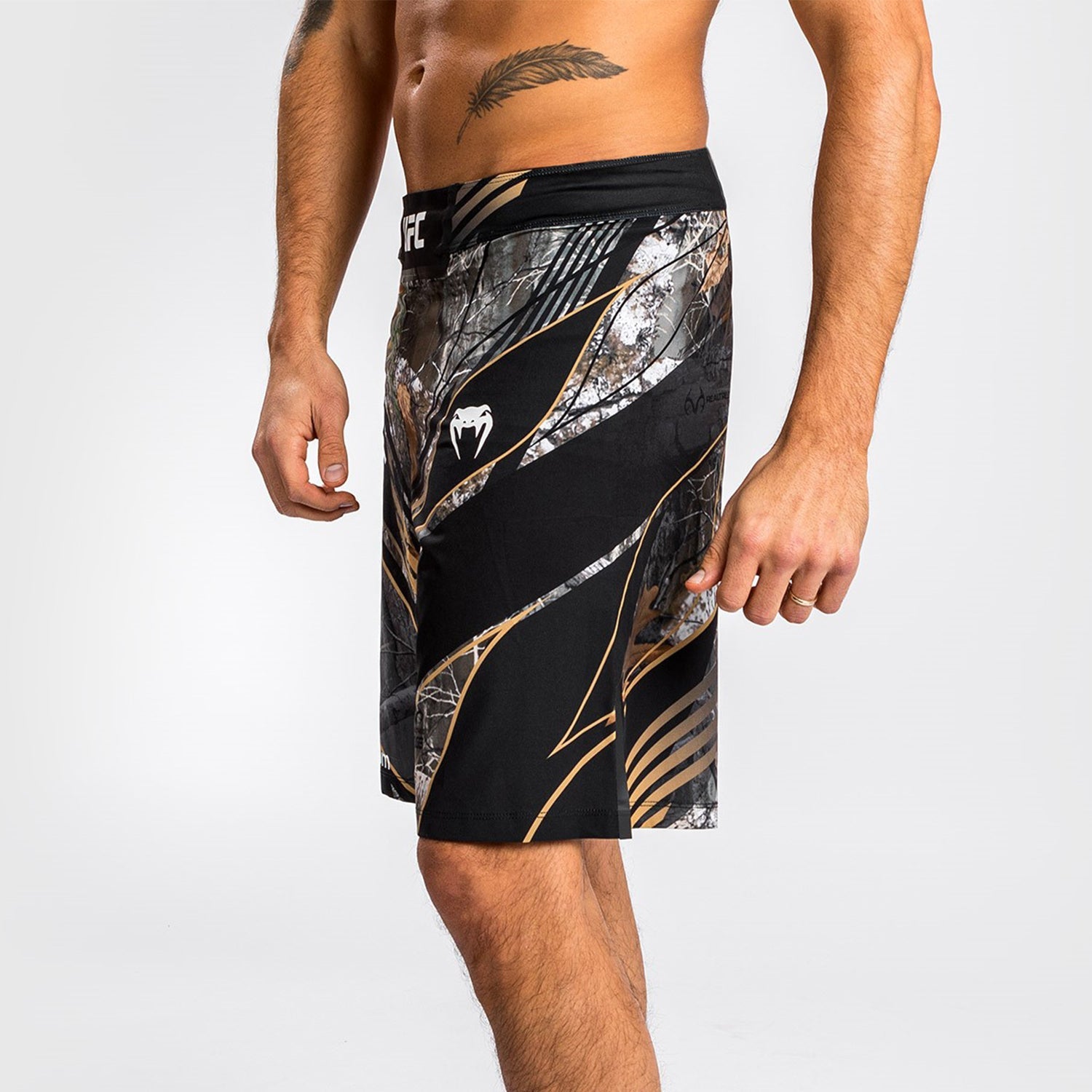 UFC Authentic Fight Night REALTREE Camouflage Fightshorts by VENUM featuring a unique camouflage pattern and elastic waistband.