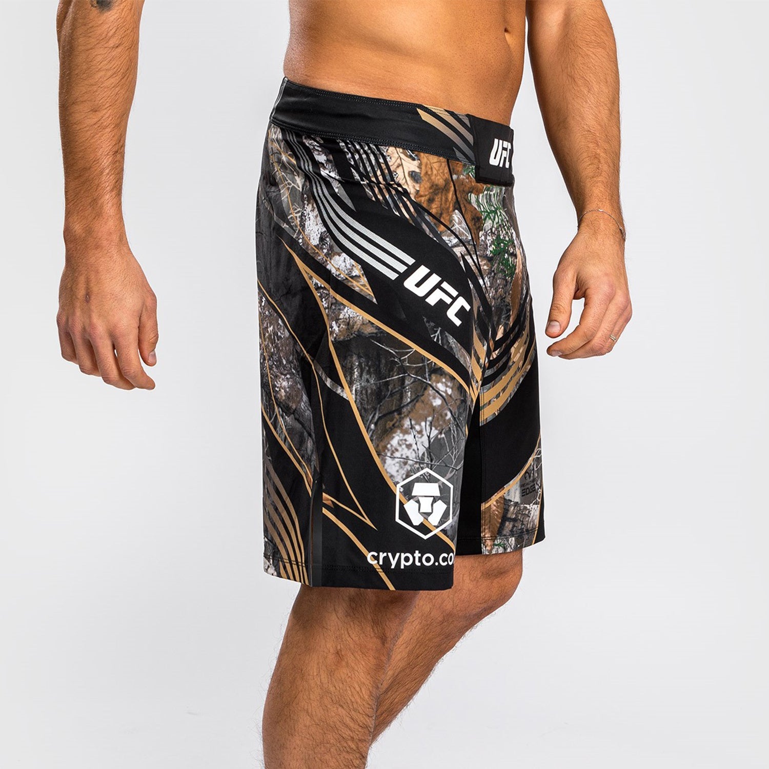 UFC Authentic Fight Night REALTREE Camouflage Fightshorts by VENUM featuring a unique camouflage pattern and elastic waistband.