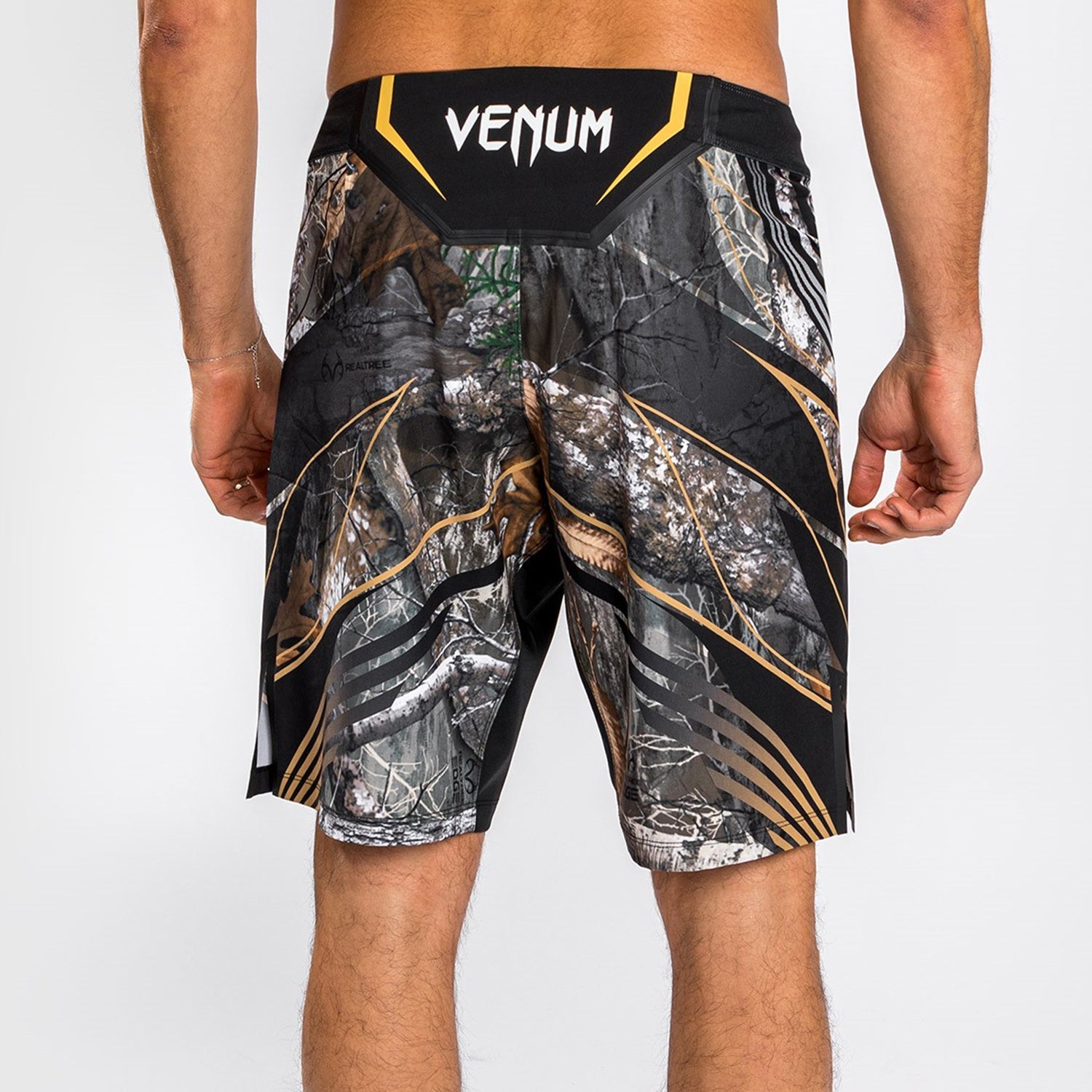 UFC Authentic Fight Night REALTREE Camouflage Fightshorts by VENUM featuring a unique camouflage pattern and elastic waistband.