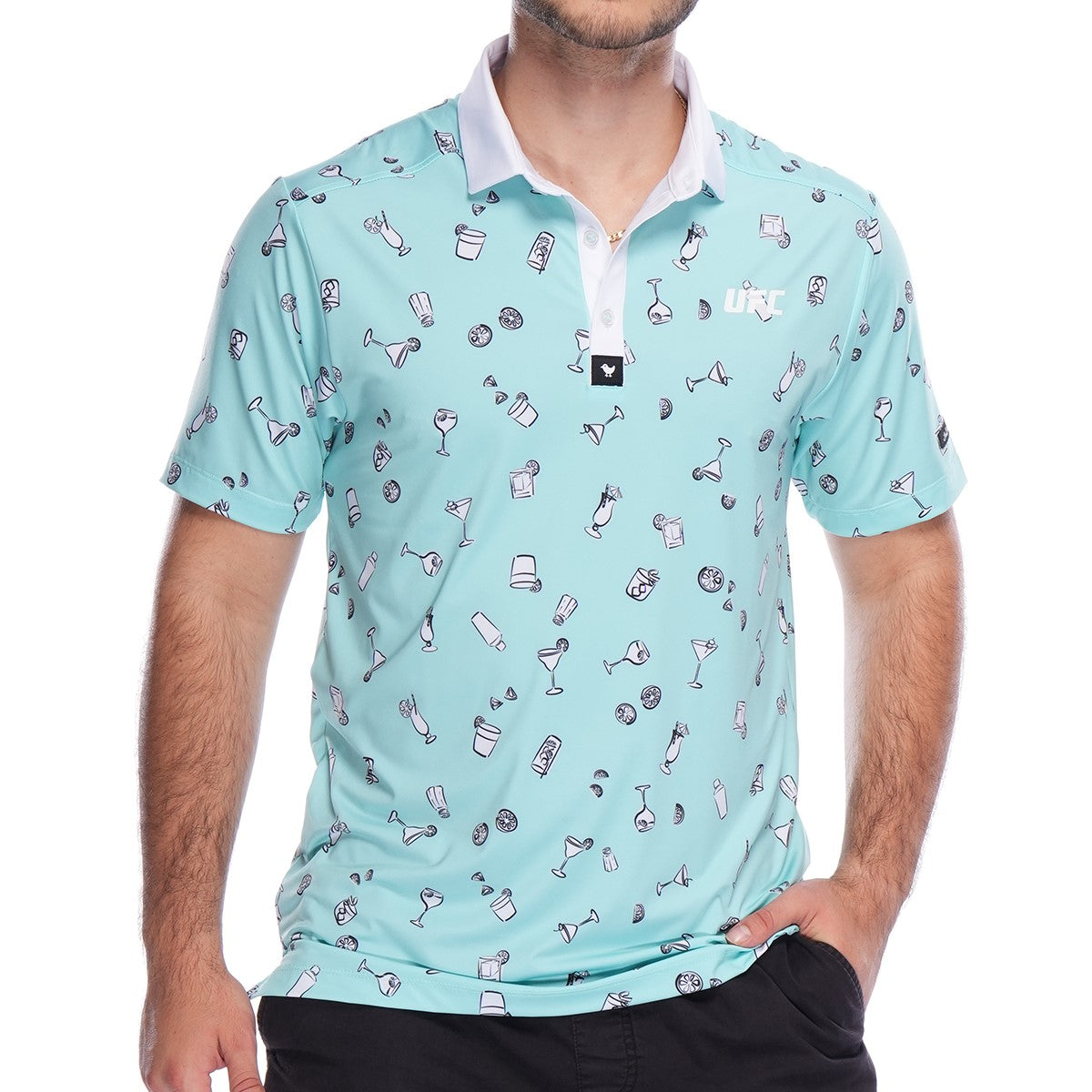 UFC Bad Birdie 5PM Somewhere Polo in vibrant colors, showcasing its athletic fit and stylish design, perfect for golf enthusiasts.