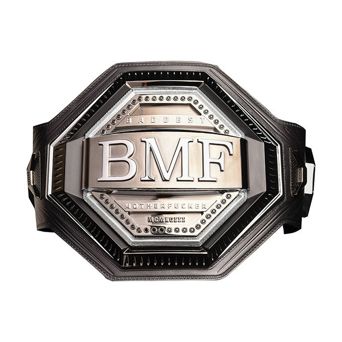 UFC BMF Replica Belt displayed in a black zippered carry case, showcasing its unique design and craftsmanship.