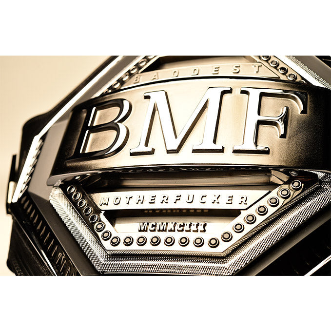 UFC BMF Replica Belt displayed in a black zippered carry case, showcasing its unique design and craftsmanship.