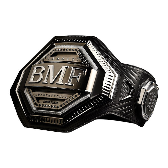 UFC BMF Replica Belt displayed in a black zippered carry case, showcasing its unique design and craftsmanship.