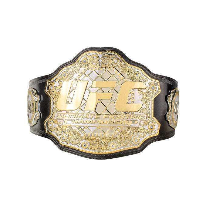 UFC Classic Championship Replica Belt displayed with intricate details and a cloth carrying case.