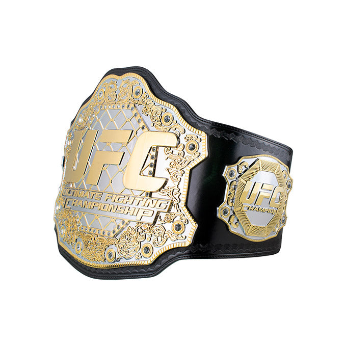 UFC Classic Championship Replica Belt displayed with intricate details and a cloth carrying case.