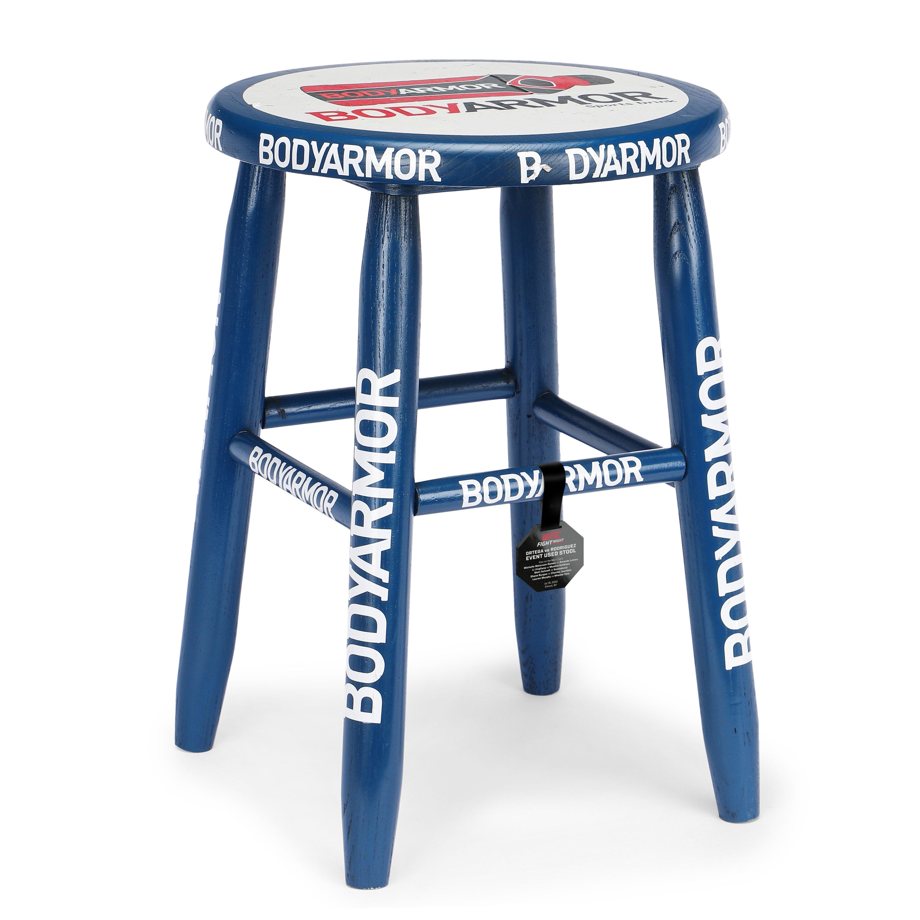 Blue cornerman stool used in the UFC Fight Night: Ortega vs Rodriguez event, showcasing authentic wear and tear.